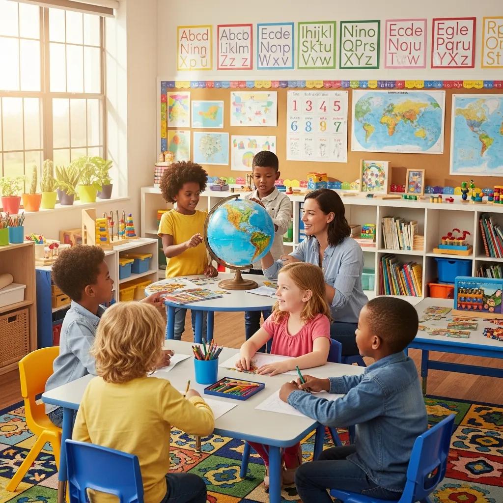 Diverse children in a colorful international school classroom engaged in learning activities