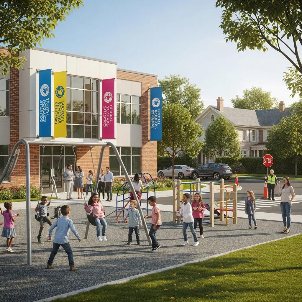 Safe and welcoming international school environment with children playing and parents interacting