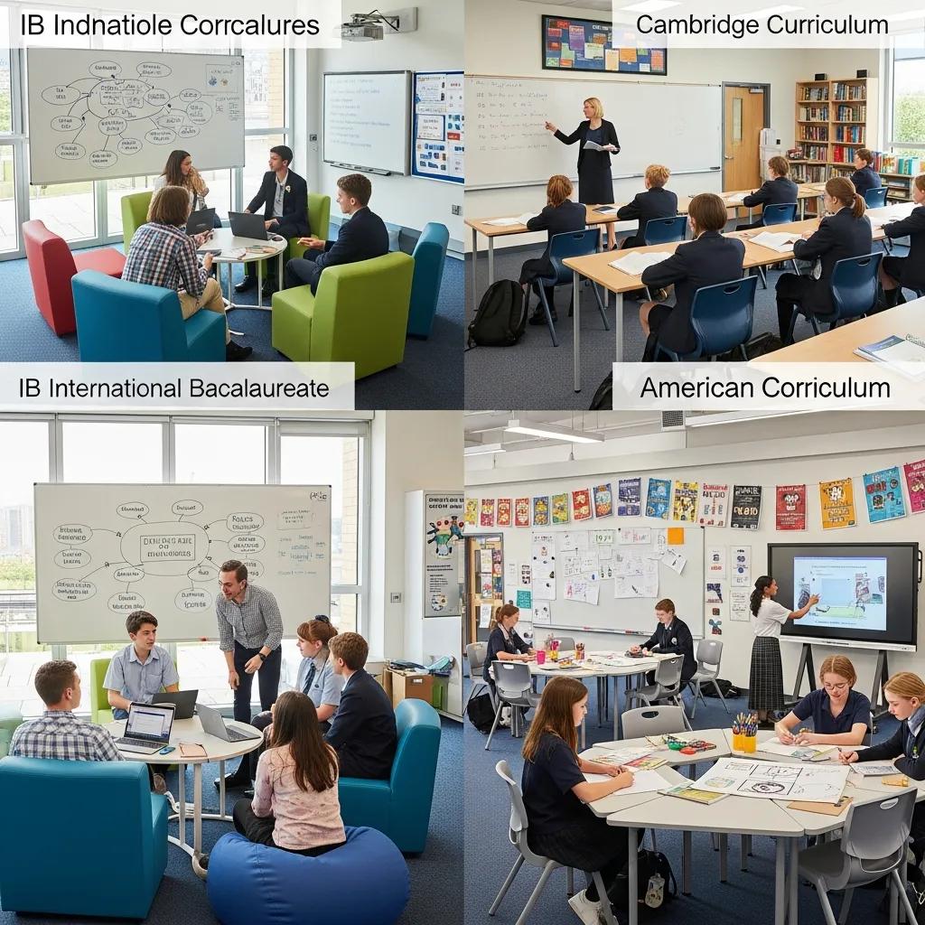 Three distinct learning environments representing IB, Cambridge, and American curricula in an educational setting